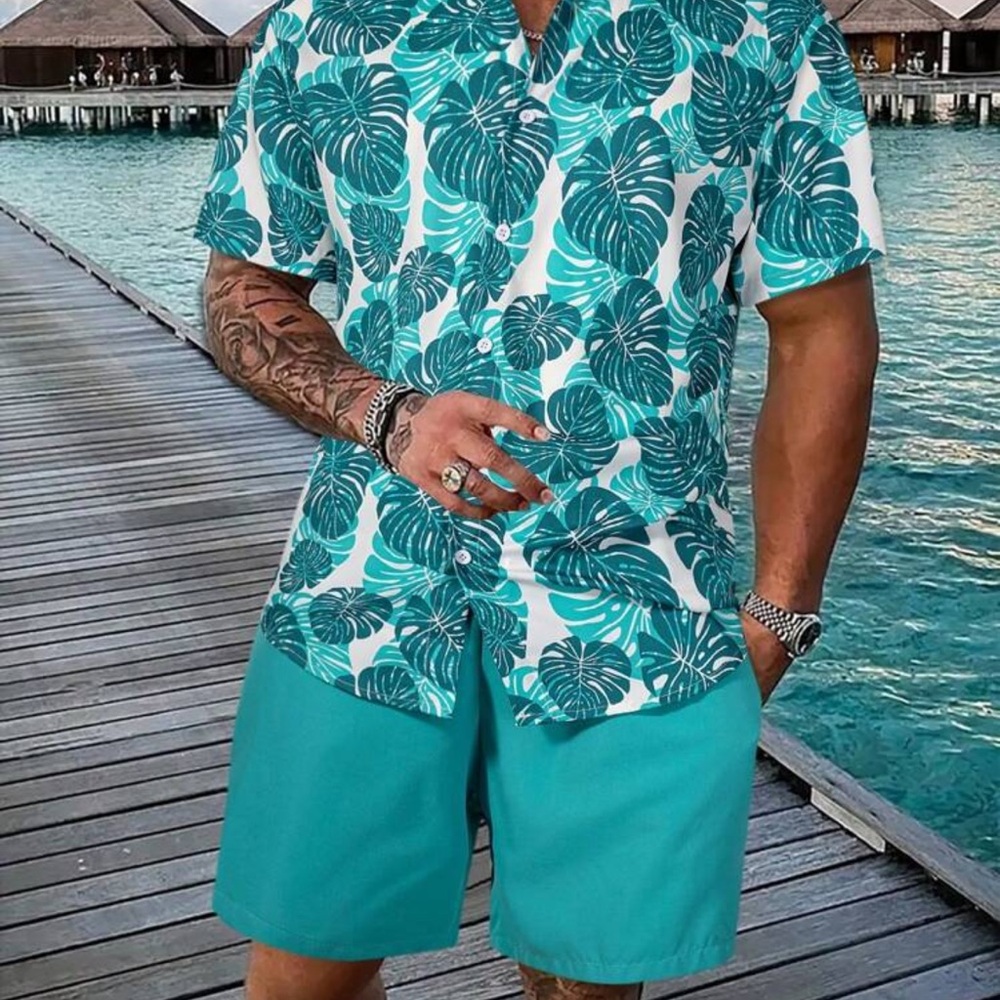 Manfinity Swimmode 2pcs/Set Tropical Print Short Sleeve Shirt And Shorts